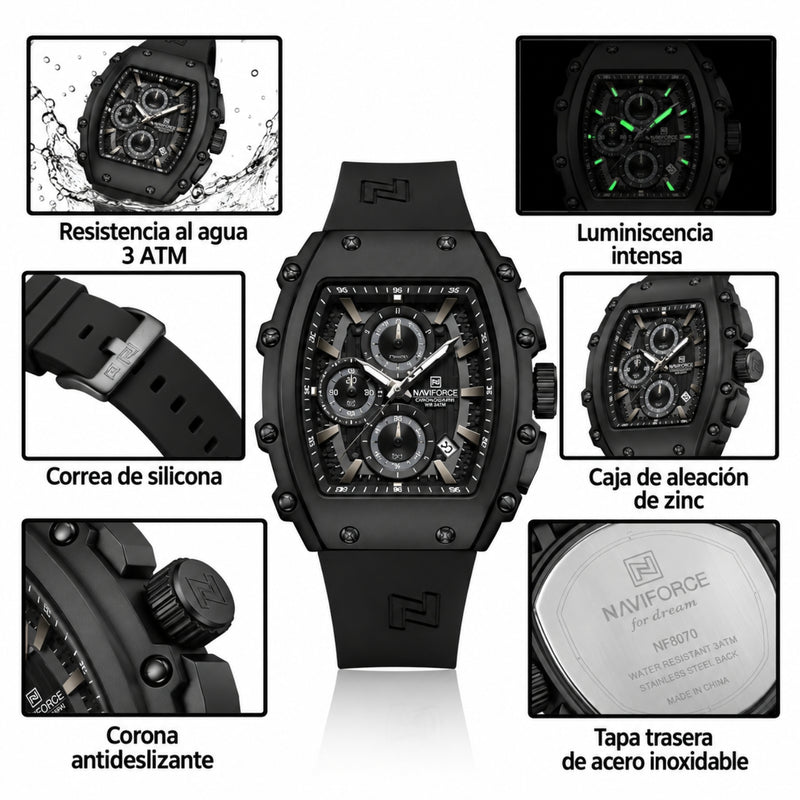 Naviforce Reloj de Cuarzo Negro 3 ATM con Cronógrafo, Correa de Silicona y Diámetro de 43mm.