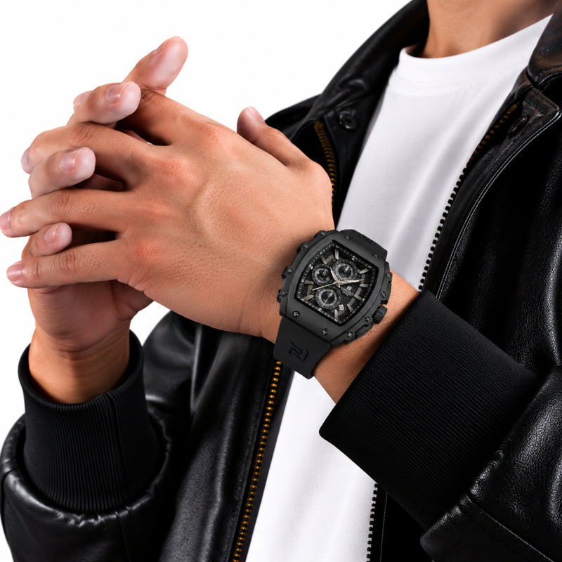 Naviforce Reloj de Cuarzo Negro 3 ATM con Cronógrafo, Correa de Silicona y Diámetro de 43mm.