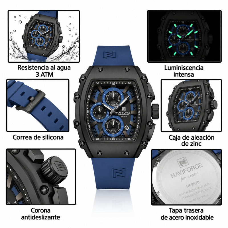Naviforce Reloj de Cuarzo Azul y Negro 3 ATM con Cronógrafo, Correa de Silicona y Diámetro de 43mm.