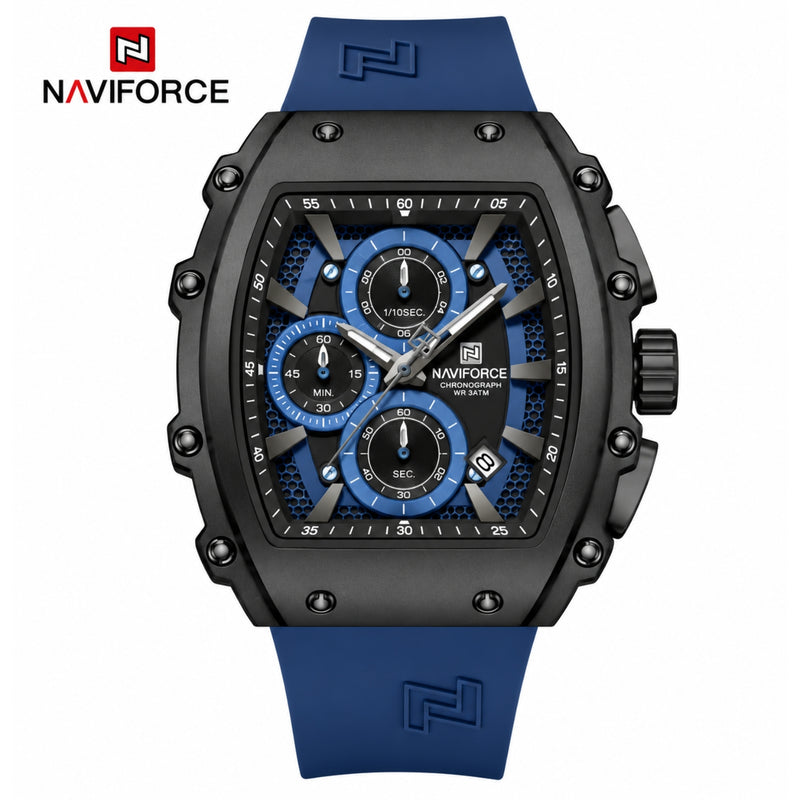 Naviforce Reloj de Cuarzo Azul y Negro 3 ATM con Cronógrafo, Correa de Silicona y Diámetro de 43mm.
