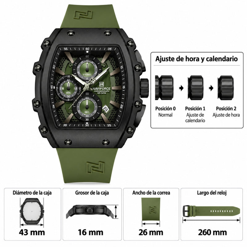 Naviforce Reloj de Cuarzo Verde y Negro 3 ATM con Cronógrafo, Correa de Silicona y Diámetro de 43mm.