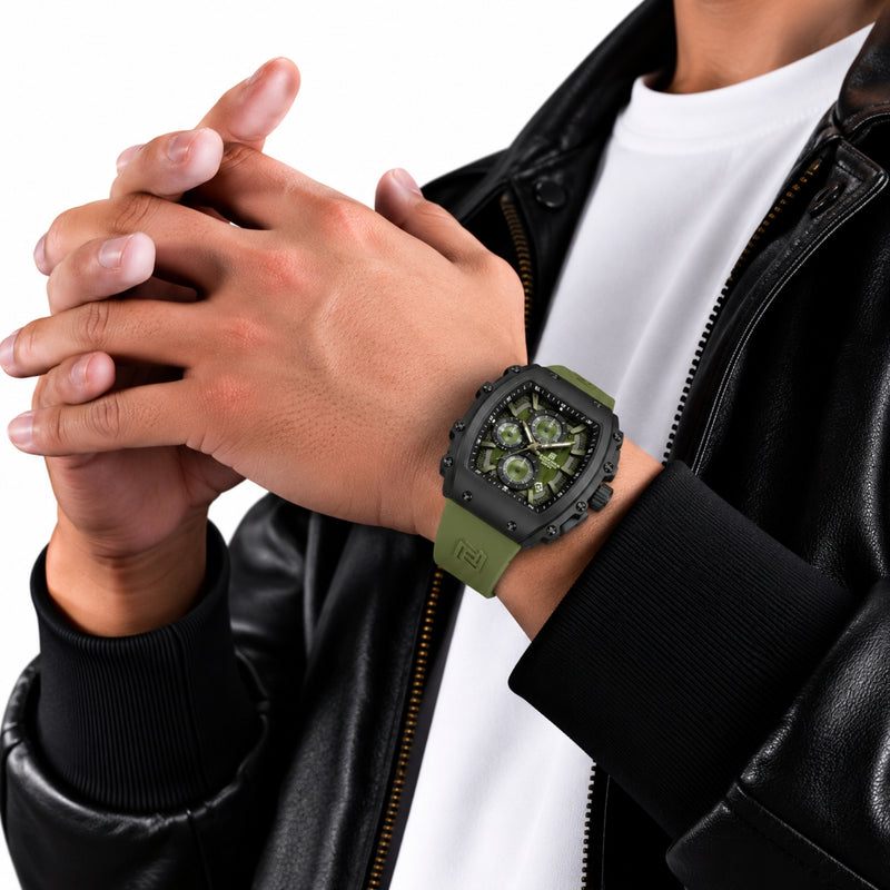 Naviforce Reloj de Cuarzo Verde y Negro 3 ATM con Cronógrafo, Correa de Silicona y Diámetro de 43mm.