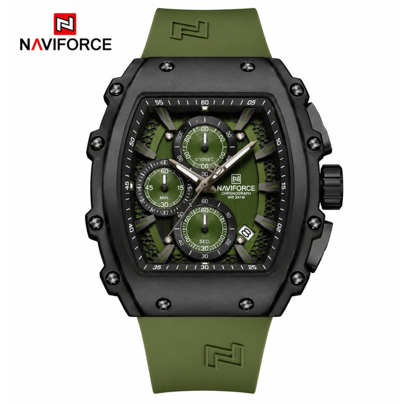 Naviforce Reloj de Cuarzo Verde y Negro 3 ATM con Cronógrafo, Correa de Silicona y Diámetro de 43mm.