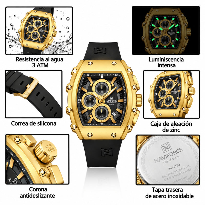 Naviforce Reloj de Cuarzo Negro y Dorado 3 ATM con Cronógrafo, Correa de Silicona y Diámetro de 43mm.