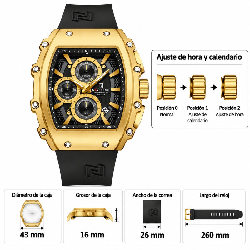 Naviforce Reloj de Cuarzo Negro y Dorado 3 ATM con Cronógrafo, Correa de Silicona y Diámetro de 43mm.