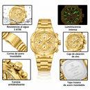 Naviforce Reloj Cronógrafo Analógico para Hombre, Esfera Dorada Ø43 mm, Correa de Acero Inoxidable, Cristal Mineral Endurecido y Resistencia al Agua 3 ATM