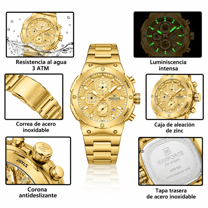 Naviforce Reloj Cronógrafo Analógico para Hombre, Esfera Dorada Ø43 mm, Correa de Acero Inoxidable, Cristal Mineral Endurecido y Resistencia al Agua 3 ATM