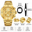 Naviforce Reloj Cronógrafo Analógico para Hombre, Esfera Dorada Ø43 mm, Correa de Acero Inoxidable, Cristal Mineral Endurecido y Resistencia al Agua 3 ATM