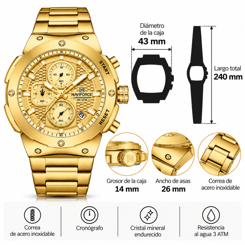 Naviforce Reloj Cronógrafo Analógico para Hombre, Esfera Dorada Ø43 mm, Correa de Acero Inoxidable, Cristal Mineral Endurecido y Resistencia al Agua 3 ATM