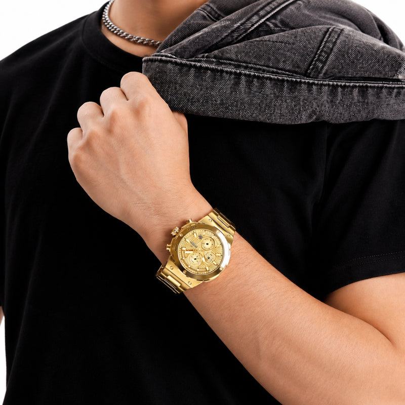 Naviforce Reloj Cronógrafo Analógico para Hombre, Esfera Dorada Ø43 mm, Correa de Acero Inoxidable, Cristal Mineral Endurecido y Resistencia al Agua 3 ATM