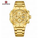 Naviforce Reloj Cronógrafo Analógico para Hombre, Esfera Dorada Ø43 mm, Correa de Acero Inoxidable, Cristal Mineral Endurecido y Resistencia al Agua 3 ATM