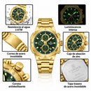 Naviforce Reloj Cronógrafo Analógico para Hombre, Esfera Verde Ø43 mm, Acabado Dorado, Correa de Acero Inoxidable, Cristal Mineral Endurecido y Resistencia al Agua 3 ATM