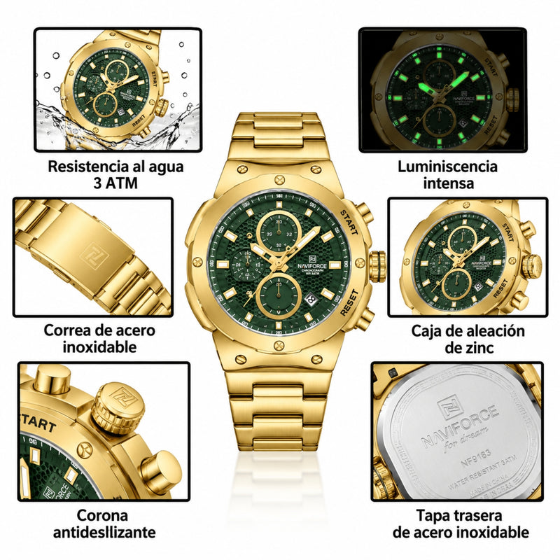 Naviforce Reloj Cronógrafo Analógico para Hombre, Esfera Verde Ø43 mm, Acabado Dorado, Correa de Acero Inoxidable, Cristal Mineral Endurecido y Resistencia al Agua 3 ATM