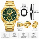 Naviforce Reloj Cronógrafo Analógico para Hombre, Esfera Verde Ø43 mm, Acabado Dorado, Correa de Acero Inoxidable, Cristal Mineral Endurecido y Resistencia al Agua 3 ATM