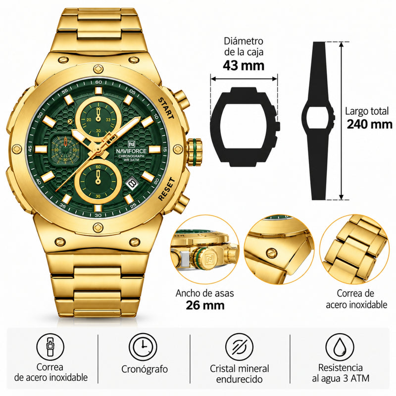 Naviforce Reloj Cronógrafo Analógico para Hombre, Esfera Verde Ø43 mm, Acabado Dorado, Correa de Acero Inoxidable, Cristal Mineral Endurecido y Resistencia al Agua 3 ATM