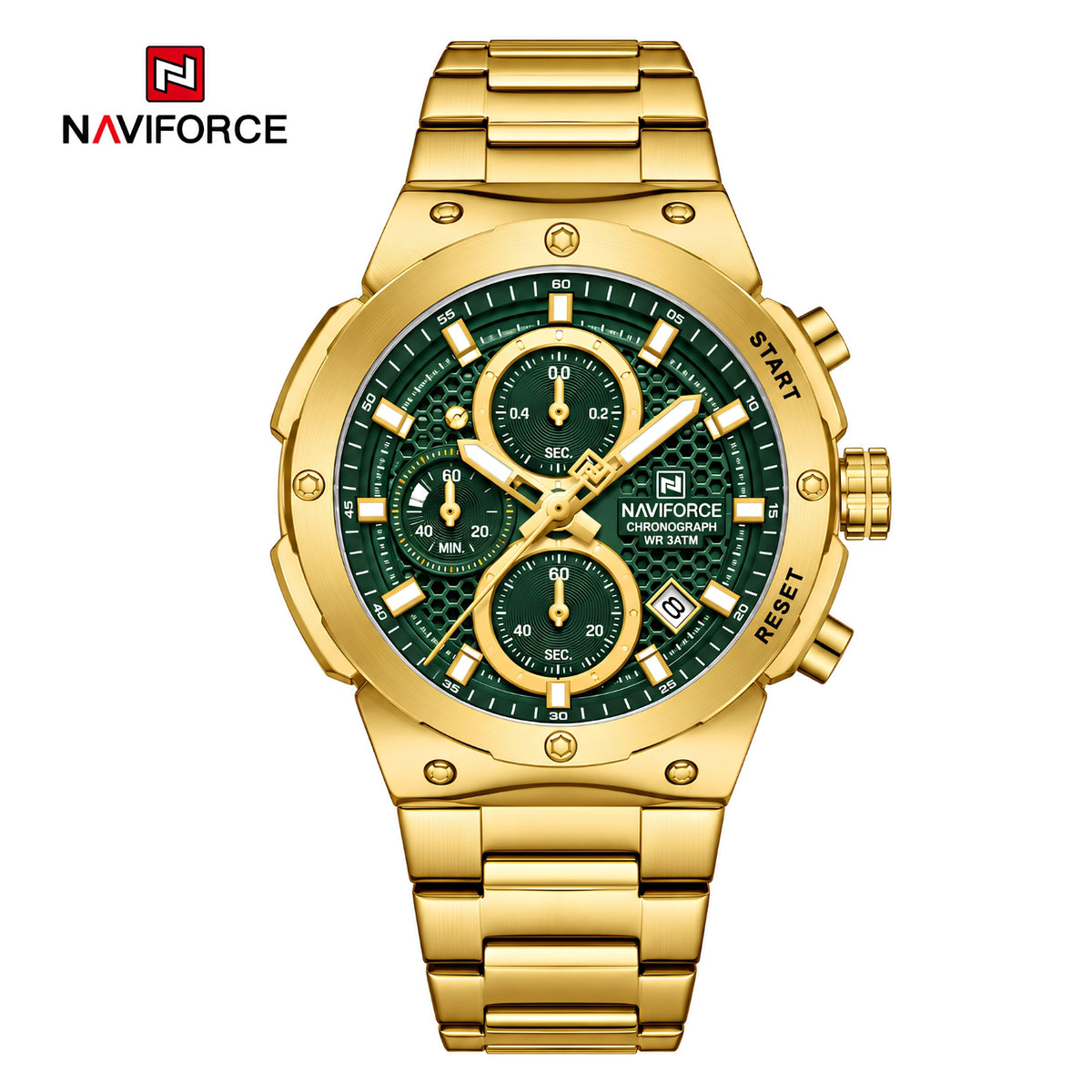 Naviforce Reloj Cronógrafo Analógico para Hombre, Esfera Verde Ø43 mm, Acabado Dorado, Correa de Acero Inoxidable, Cristal Mineral Endurecido y Resistencia al Agua 3 ATM