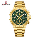 Naviforce Reloj Cronógrafo Analógico para Hombre, Esfera Verde Ø43 mm, Acabado Dorado, Correa de Acero Inoxidable, Cristal Mineral Endurecido y Resistencia al Agua 3 ATM