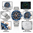 Naviforce Reloj Analógico Cronógrafo de Hombre Esfera Azul con Correa de Acero Inoxidable, Diámetro de 43 mm, Cristal Mineral Endurecido y Resistencia al Agua 3 ATM.