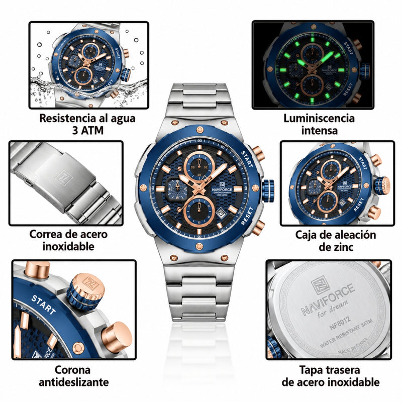 Naviforce Reloj Analógico Cronógrafo de Hombre Esfera Azul con Correa de Acero Inoxidable, Diámetro de 43 mm, Cristal Mineral Endurecido y Resistencia al Agua 3 ATM.