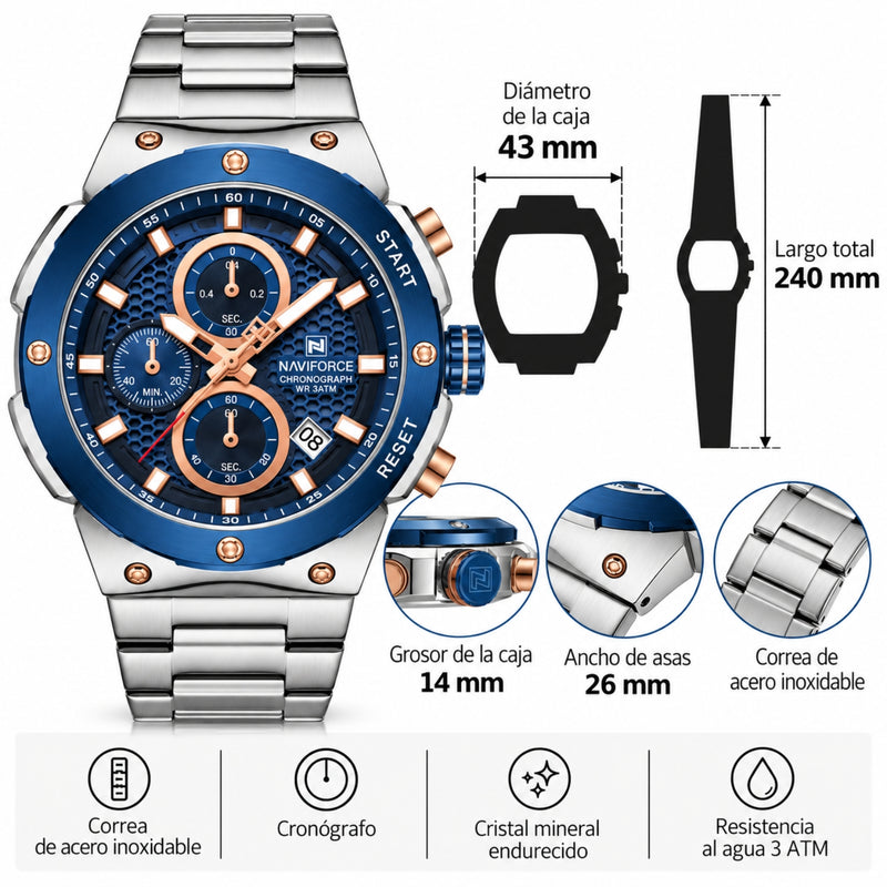 Naviforce Reloj Analógico Cronógrafo de Hombre Esfera Azul con Correa de Acero Inoxidable, Diámetro de 43 mm, Cristal Mineral Endurecido y Resistencia al Agua 3 ATM.