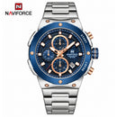Naviforce Reloj Analógico Cronógrafo de Hombre Esfera Azul con Correa de Acero Inoxidable, Diámetro de 43 mm, Cristal Mineral Endurecido y Resistencia al Agua 3 ATM.