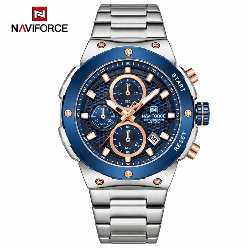 Naviforce Reloj Analógico Cronógrafo de Hombre Esfera Azul con Correa de Acero Inoxidable, Diámetro de 43 mm, Cristal Mineral Endurecido y Resistencia al Agua 3 ATM.