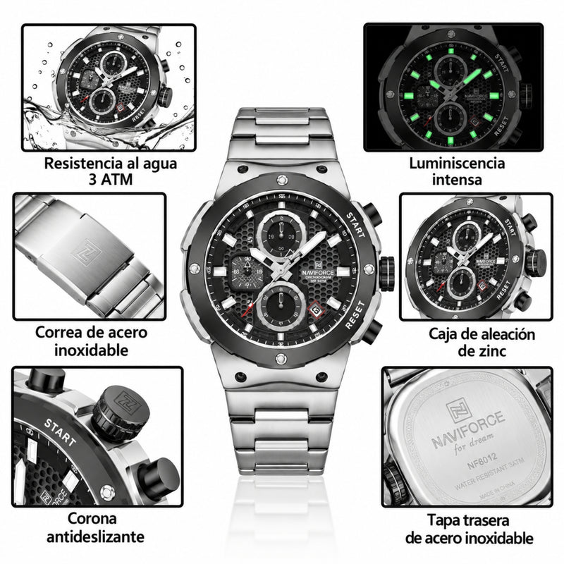 Naviforce Reloj Analógico Cronógrafo de Hombre Esfera Negra con Correa de Acero Inoxidable, Diámetro de 43 mm, Cristal Mineral Endurecido y Resistencia al Agua 3 ATM.