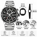 Naviforce Reloj Analógico Cronógrafo de Hombre Esfera Negra con Correa de Acero Inoxidable, Diámetro de 43 mm, Cristal Mineral Endurecido y Resistencia al Agua 3 ATM.