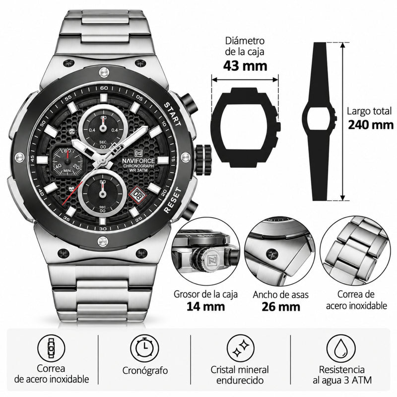 Naviforce Reloj Analógico Cronógrafo de Hombre Esfera Negra con Correa de Acero Inoxidable, Diámetro de 43 mm, Cristal Mineral Endurecido y Resistencia al Agua 3 ATM.