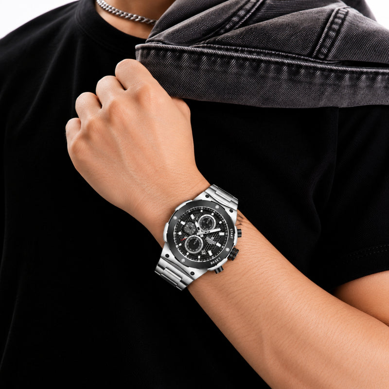 Naviforce Reloj Analógico Cronógrafo de Hombre Esfera Negra con Correa de Acero Inoxidable, Diámetro de 43 mm, Cristal Mineral Endurecido y Resistencia al Agua 3 ATM.