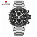 Naviforce Reloj Analógico Cronógrafo de Hombre Esfera Negra con Correa de Acero Inoxidable, Diámetro de 43 mm, Cristal Mineral Endurecido y Resistencia al Agua 3 ATM.