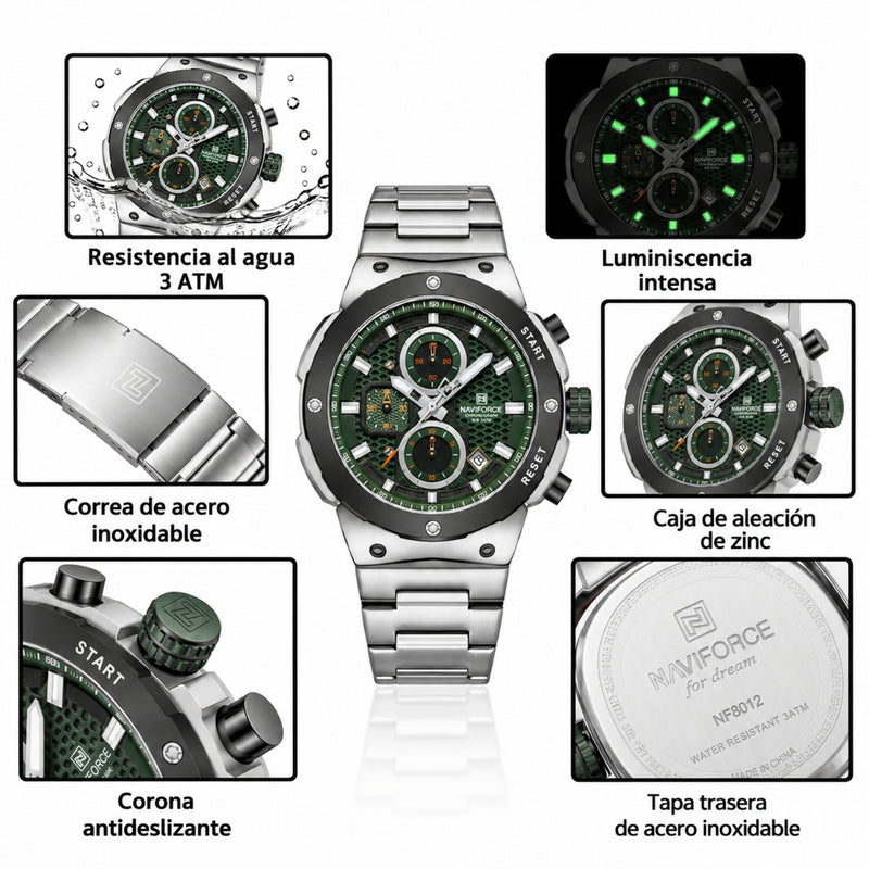 Naviforce Reloj Analógico Cronógrafo de Hombre Esfera Verde con Correa de Acero Inoxidable, Diámetro de 43 mm, Cristal Mineral Endurecido y Resistencia al Agua 3 ATM.