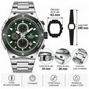 Naviforce Reloj Analógico Cronógrafo de Hombre Esfera Verde con Correa de Acero Inoxidable, Diámetro de 43 mm, Cristal Mineral Endurecido y Resistencia al Agua 3 ATM.