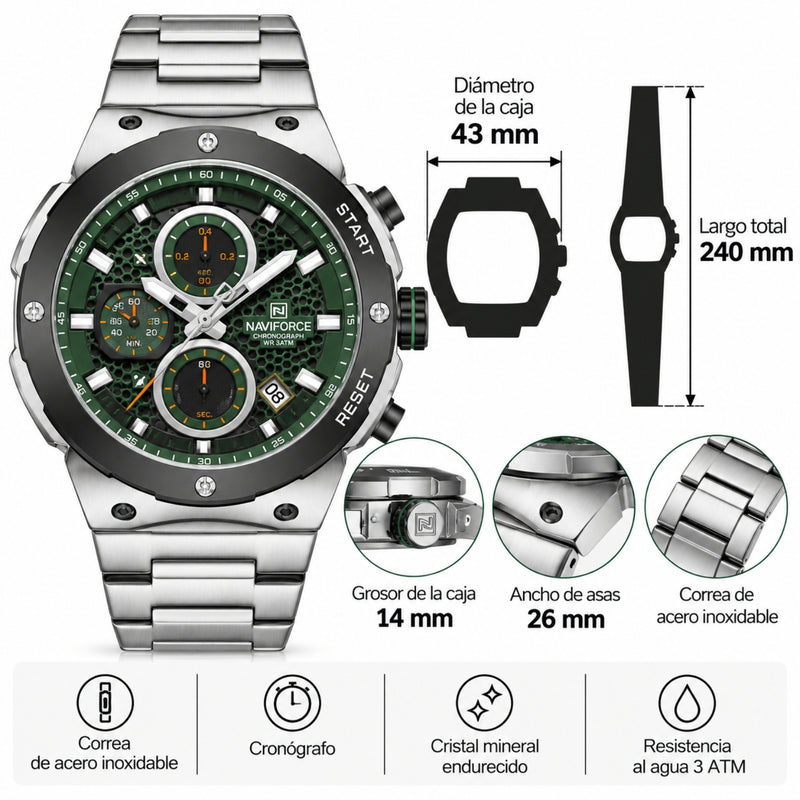Naviforce Reloj Analógico Cronógrafo de Hombre Esfera Verde con Correa de Acero Inoxidable, Diámetro de 43 mm, Cristal Mineral Endurecido y Resistencia al Agua 3 ATM.