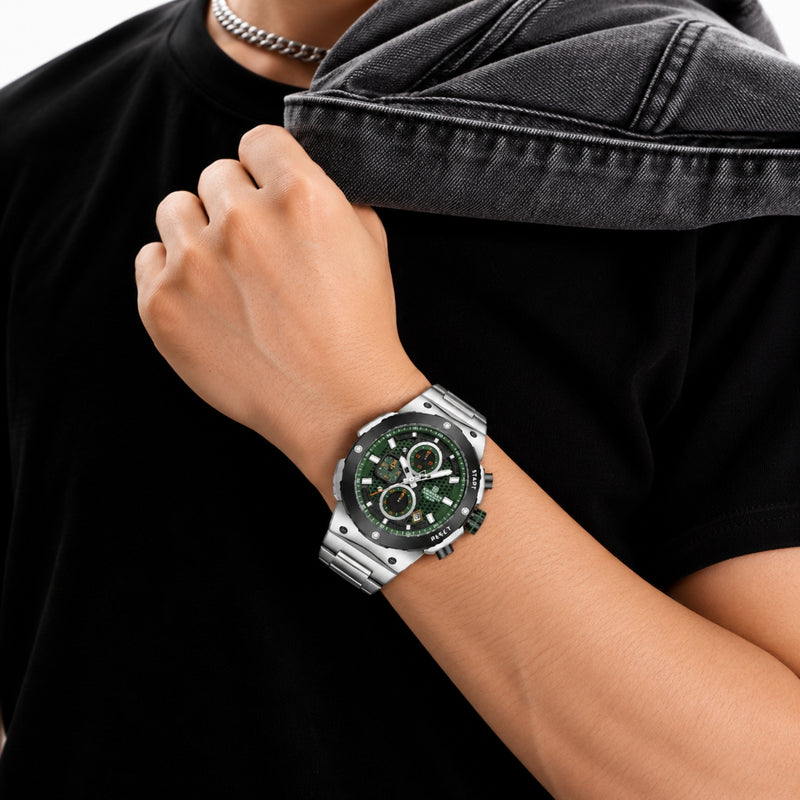 Naviforce Reloj Analógico Cronógrafo de Hombre Esfera Verde con Correa de Acero Inoxidable, Diámetro de 43 mm, Cristal Mineral Endurecido y Resistencia al Agua 3 ATM.