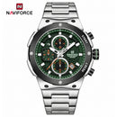 Naviforce Reloj Analógico Cronógrafo de Hombre Esfera Verde con Correa de Acero Inoxidable, Diámetro de 43 mm, Cristal Mineral Endurecido y Resistencia al Agua 3 ATM.