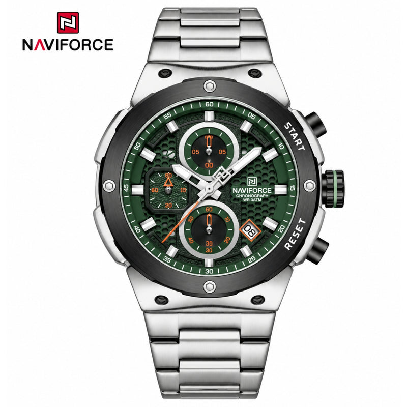 Naviforce Reloj Analógico Cronógrafo de Hombre Esfera Verde con Correa de Acero Inoxidable, Diámetro de 43 mm, Cristal Mineral Endurecido y Resistencia al Agua 3 ATM.