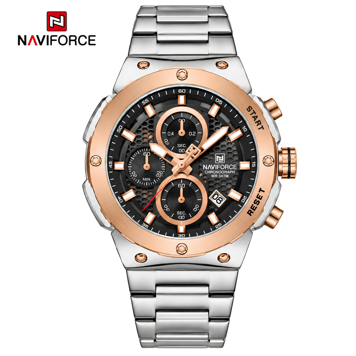 Naviforce Reloj Cronógrafo Analógico para Hombre, Esfera Color Negro y Oro Rosa(Ø43mm) Correa de Acero Inoxidable, Cristal Mineral Endurecido y Resistencia al Agua 3 ATM
