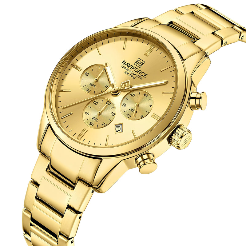 Naviforce Reloj de Cuarzo Dorado 3 ATM con Cronógrafo, Correa de Acero Inoxidable y Diámetro de 42mm.