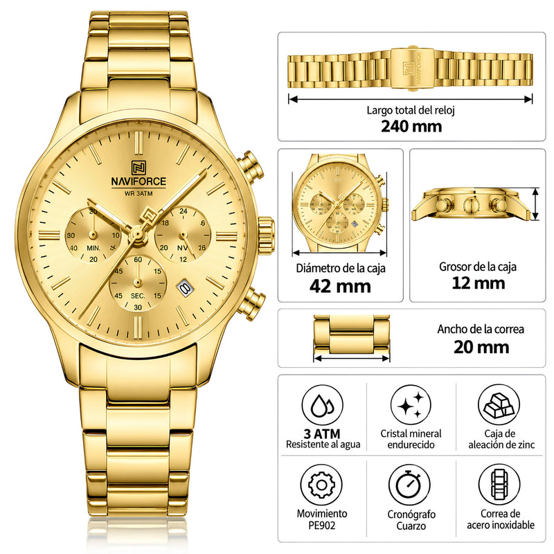Naviforce Reloj de Cuarzo Dorado 3 ATM con Cronógrafo, Correa de Acero Inoxidable y Diámetro de 42mm.