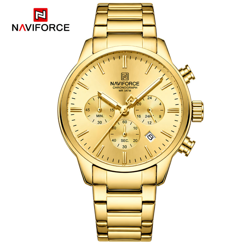 Naviforce Reloj de Cuarzo Dorado 3 ATM con Cronógrafo, Correa de Acero Inoxidable y Diámetro de 42mm.