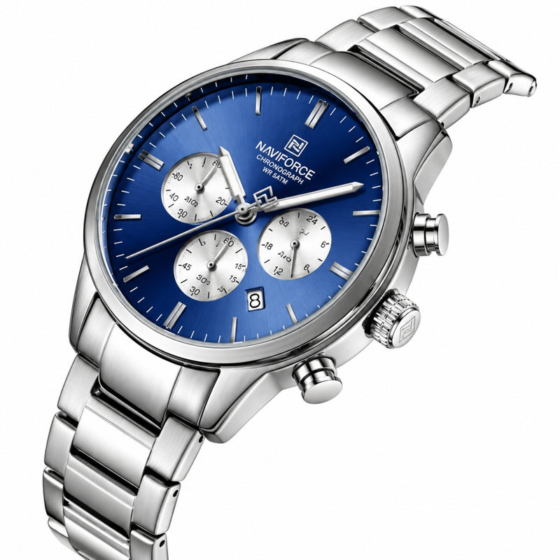 Naviforce Reloj de Cuarzo Azul y Plateado 3 ATM con Cronógrafo, Correa de Acero Inoxidable y Diámetro de 42mm.