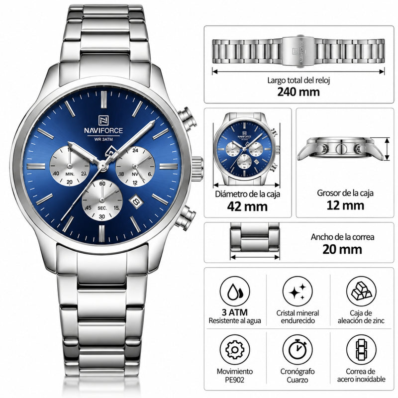 Naviforce Reloj de Cuarzo Azul y Plateado 3 ATM con Cronógrafo, Correa de Acero Inoxidable y Diámetro de 42mm.