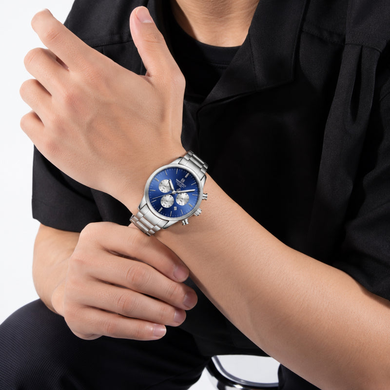 Naviforce Reloj de Cuarzo Azul y Plateado 3 ATM con Cronógrafo, Correa de Acero Inoxidable y Diámetro de 42mm.