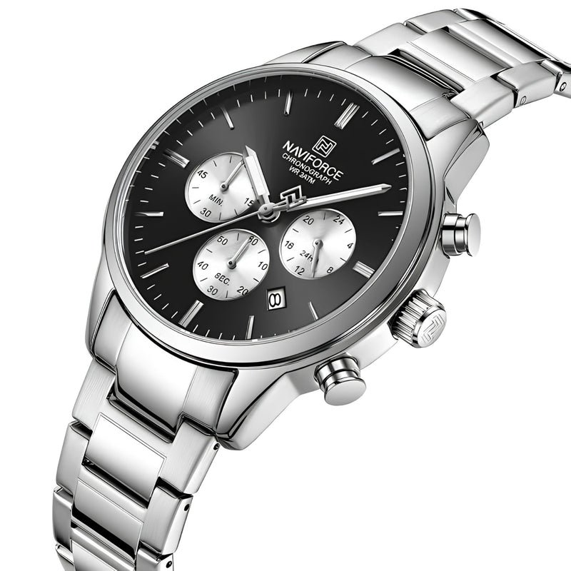 Naviforce Reloj de Cuarzo Negro y Plateado 3 ATM con Cronógrafo, Correa de Acero Inoxidable y Diámetro de 42mm.
