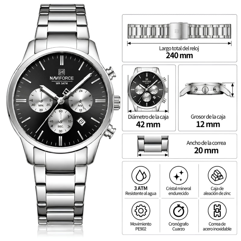 Naviforce Reloj de Cuarzo Negro y Plateado 3 ATM con Cronógrafo, Correa de Acero Inoxidable y Diámetro de 42mm.