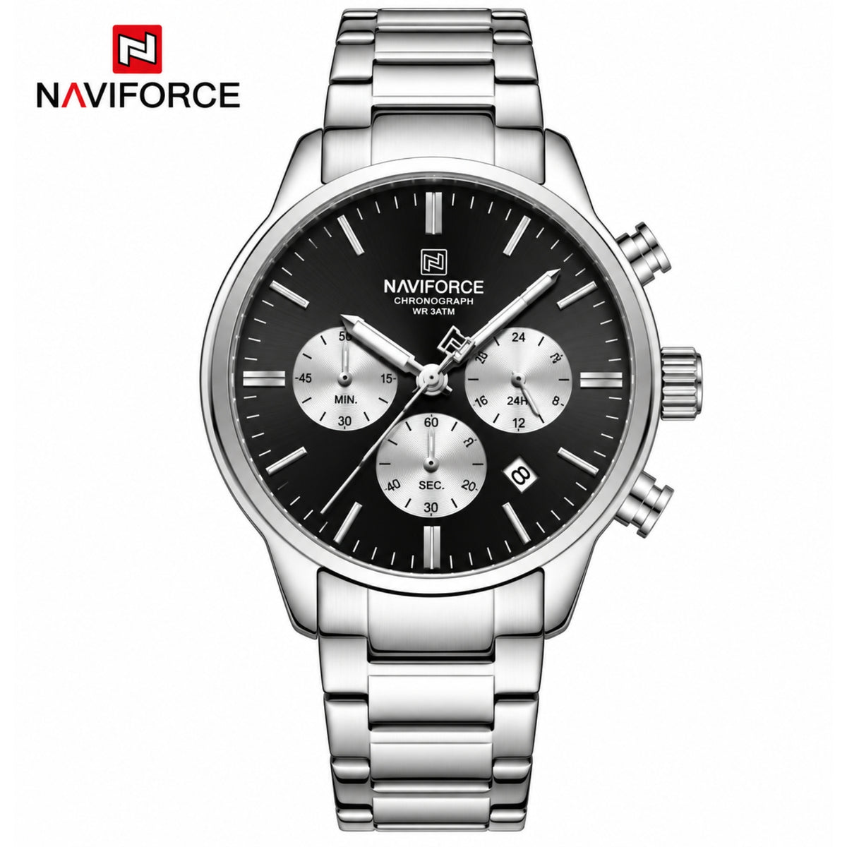 Naviforce Reloj de Cuarzo Negro y Plateado 3 ATM con Cronógrafo, Correa de Acero Inoxidable y Diámetro de 42mm.