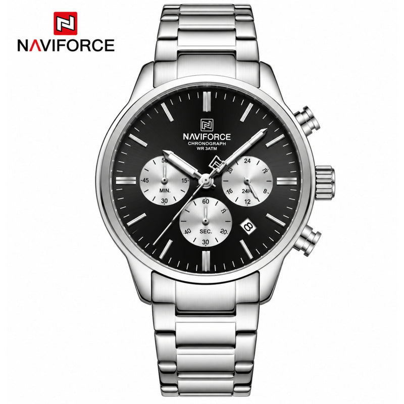 Naviforce Reloj de Cuarzo Negro y Plateado 3 ATM con Cronógrafo, Correa de Acero Inoxidable y Diámetro de 42mm.