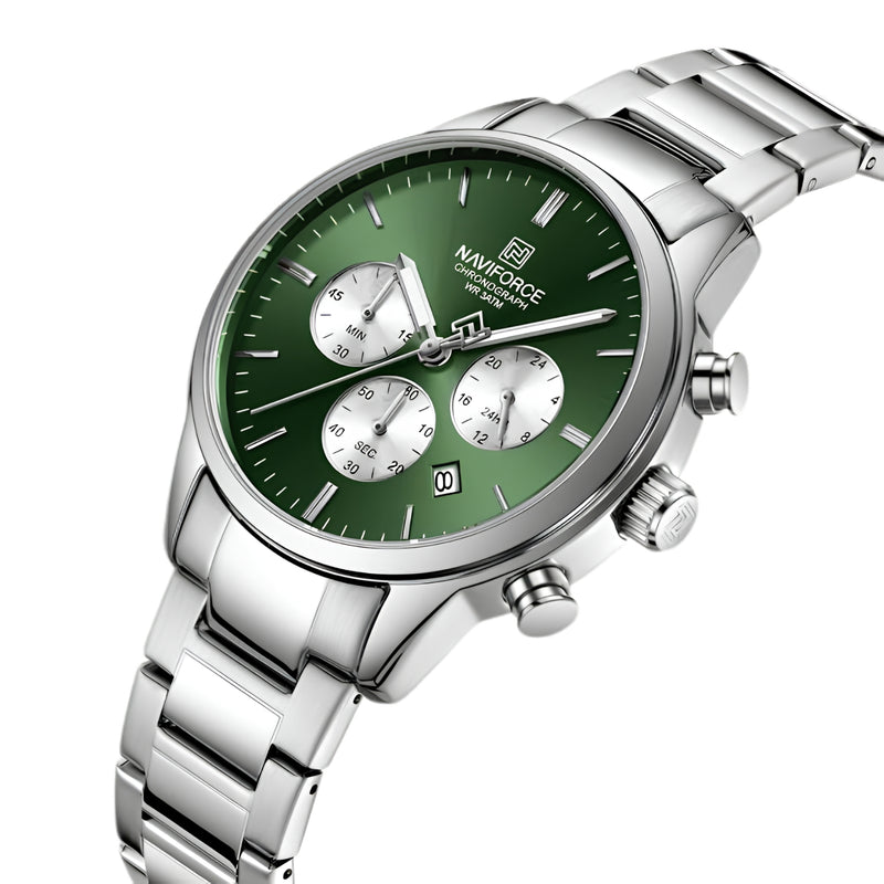 Naviforce Reloj de Cuarzo Verde y Plateado 3 ATM con Cronógrafo, Correa de Acero Inoxidable y Diámetro de 42mm.