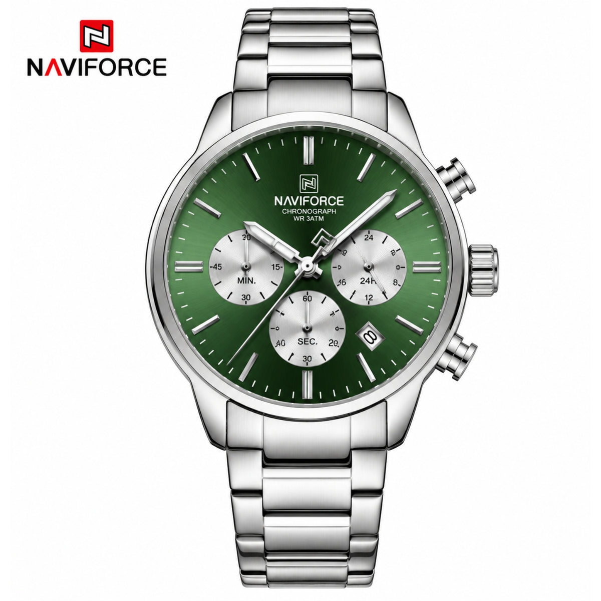 Naviforce Reloj de Cuarzo Verde y Plateado 3 ATM con Cronógrafo, Correa de Acero Inoxidable y Diámetro de 42mm.